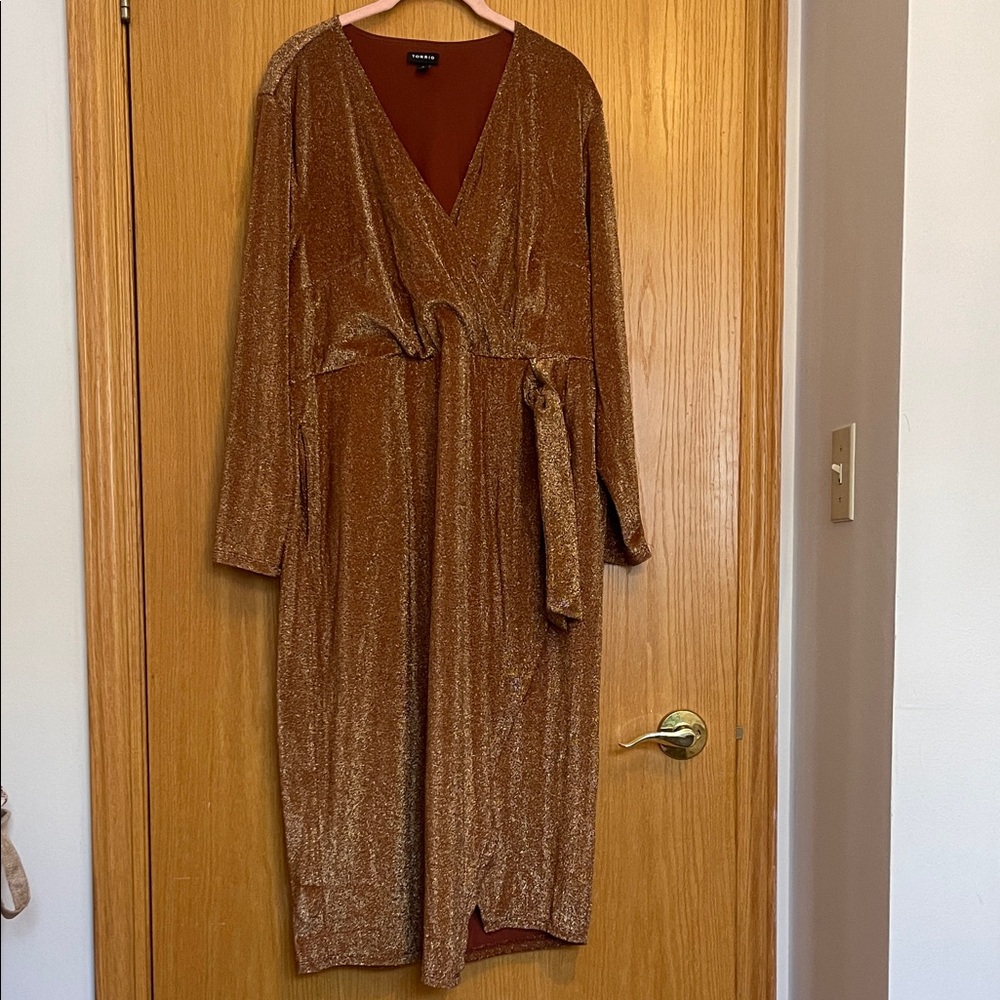 Metallic Brown Wrap Dress with Tie Waist